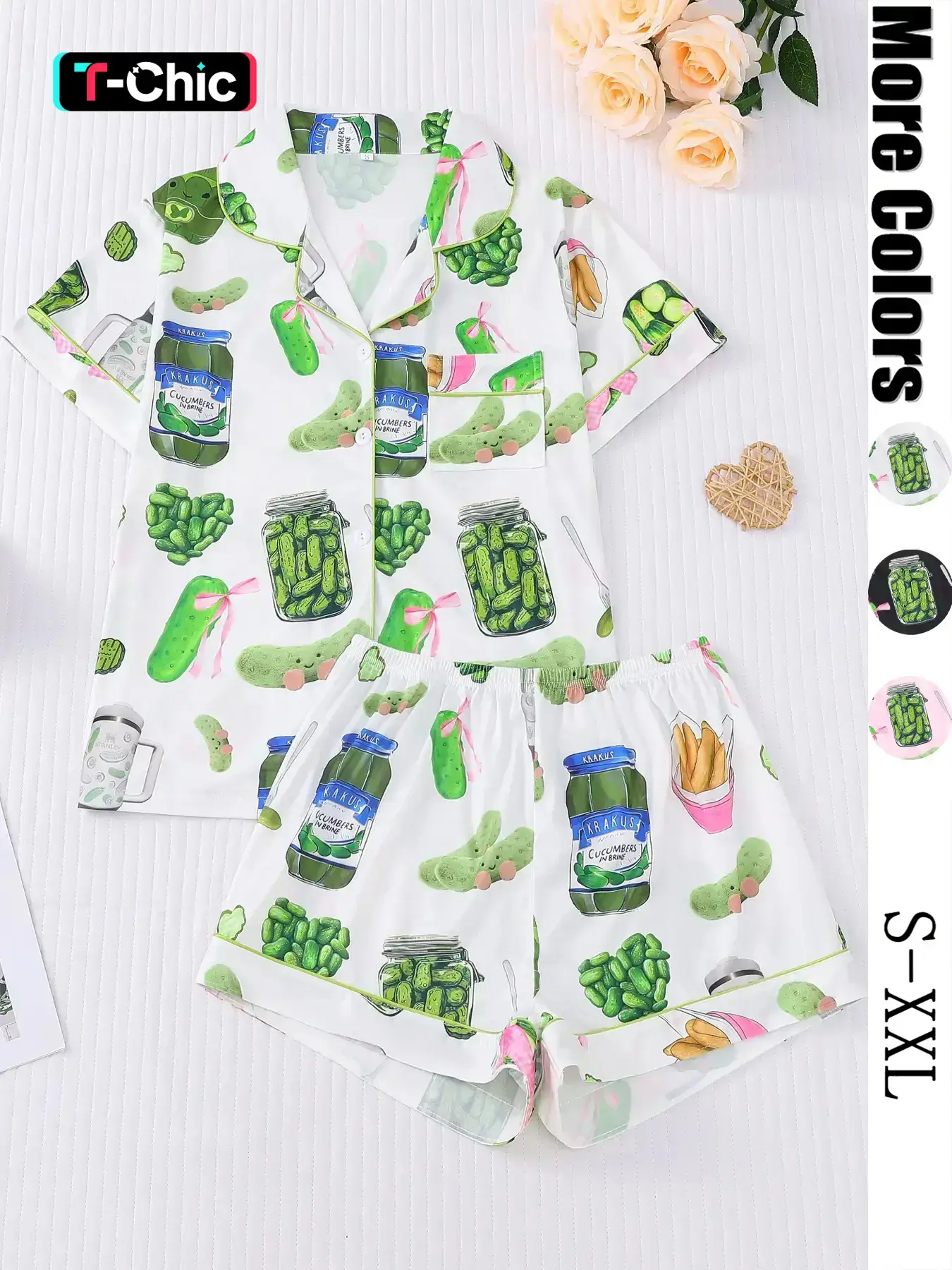 Women's Cucumber Print Short Sleeve Pajama Set, Casual Comfy Button Front Chest Pocket Design Lapel Neck Top & Elastic Waist Shorts PJ Set, Ladies Sleepwear Loungewear, Pajamas Sets