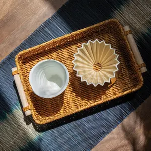 " Rectangular All Weather Wicker Rattan Serving Tray with Wooden Handles Decorative Woven Wicker Ottoman Basket for Boho Home Decor "