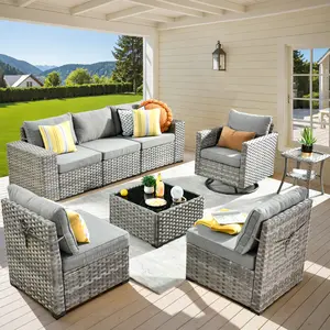 8 PCS Outdoor Patio Furniture Set with Rocking Swivel Chair, PE Wicker Rattan Sectional Sofa & Coffee Table, Free Combination, Assembly Required