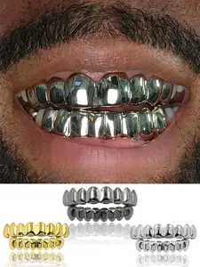 Two-Piece Full Mouth Polished Silver Gold Eight-Tooth Grillz, 14k Gold Plated Copper, Hip-Hop Style, Party, Music Festival, Gift
