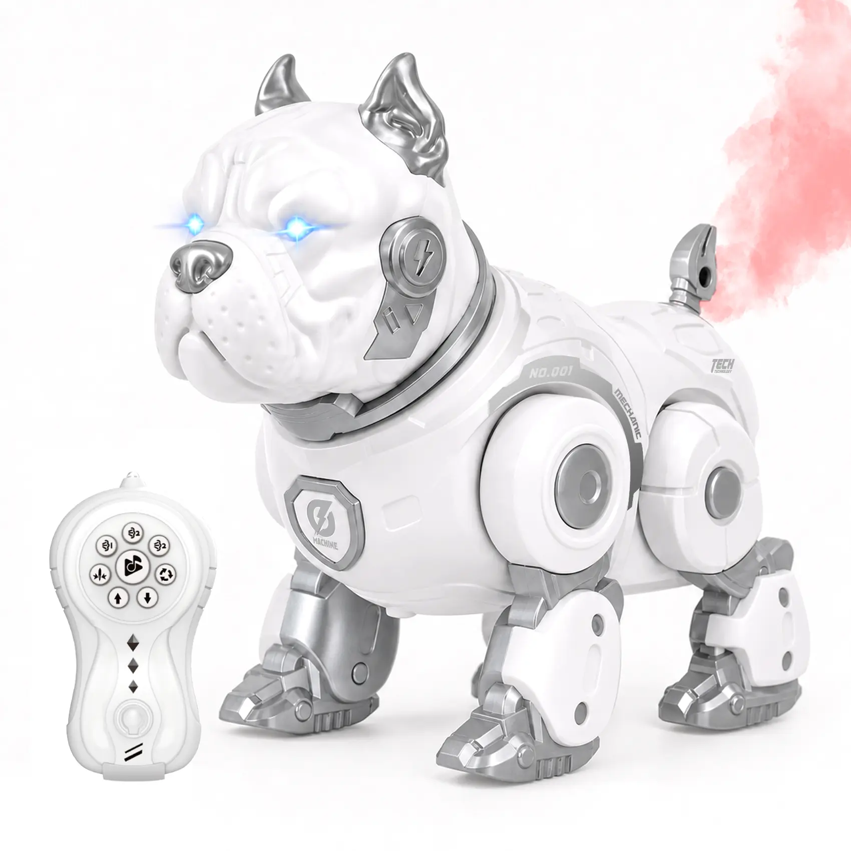 GAIETYDIY Remote Control Bulldog Robot Toy for Kids, White ABS Plastic Compact Battery-Operated Pet with Fart Spray, Music, Dance, LED Light, Dog Barking, Volume Adjustment, Gift for Ages 3-10+, Birthdays