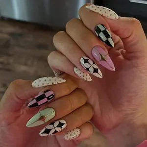milo.nail&care Punk Checkerboard Press-On Nails, Black White Red Contrast Detail, Glossy Rock Inspired Design, Alternative Retro Handmade Stiletto Nail Set, Indie Streetwear Cool Girl Aesthetic