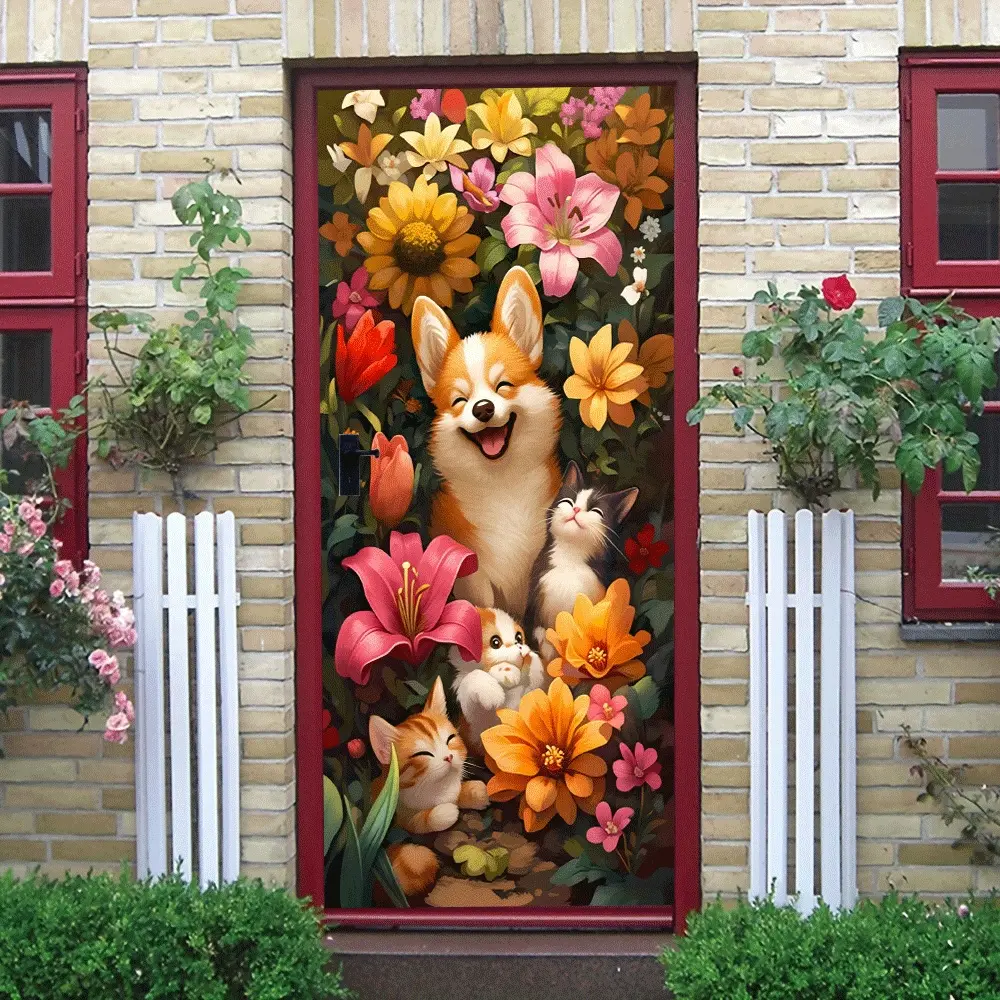 2pcs Cute Corgi and Kittens Flower Wall Stickers Cartoon Animal Plant Home Decor Stickers Self Adhesive Wall Decals for Kids Room Bedroom Living Room Eco Friendly PVC Removable Wall Art Decorative St