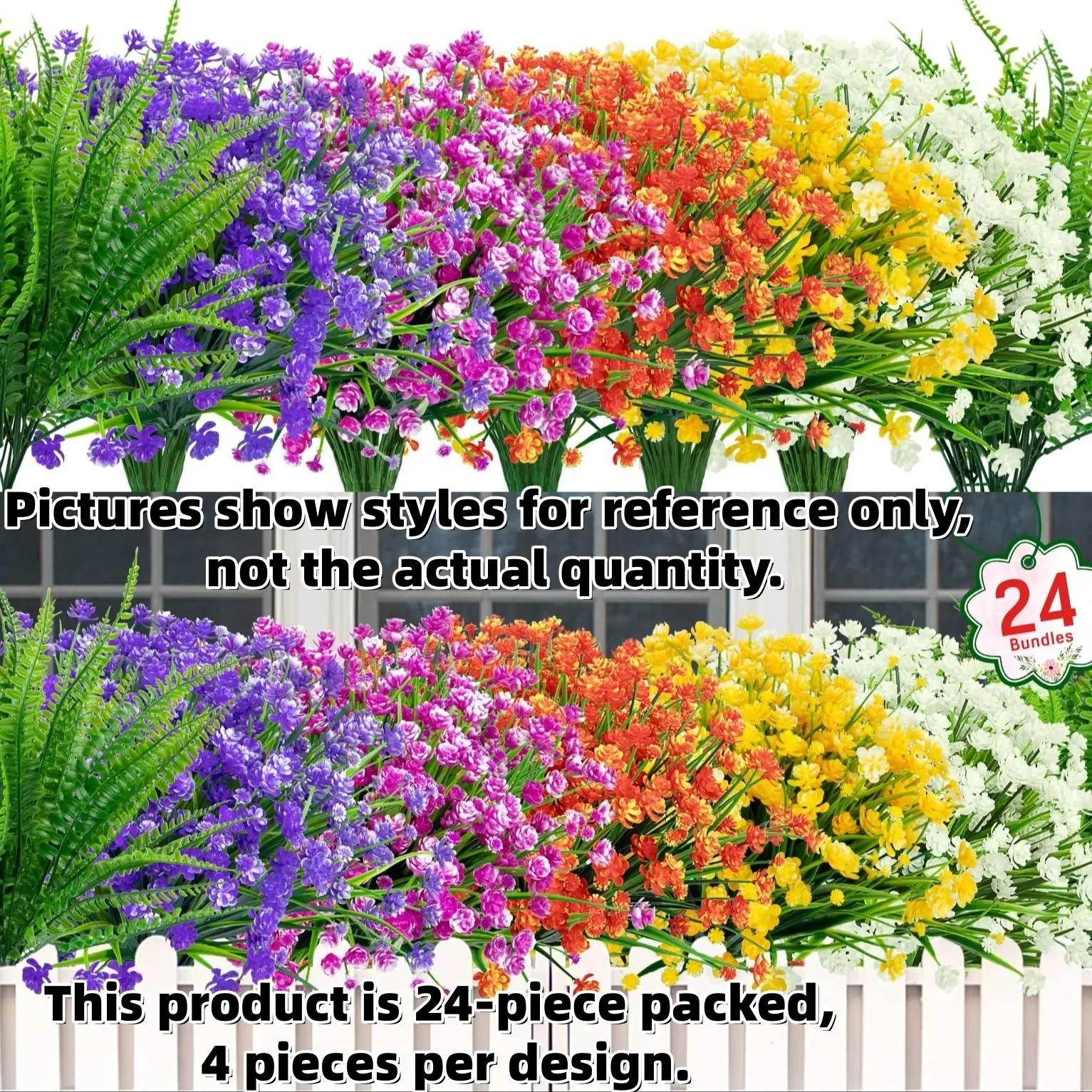 24 Bundles Artificial Flowers, Artificial Flowers For Outside, UV Resistant Fake Plastic Plants, Faux Boston Fern Greenery, Outdoor & Indoor Decor, Mixed Color, Faux Flower Decoration