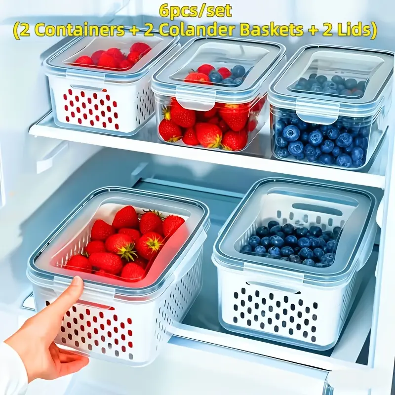 9pcs/Set Food-Grade PP Airtight Food Storage Containers - Large Capacity, Leakproof, Fridge & Dishwasher-Safe Kitchen Preserving Containers with Removable Drain Colander Baskets, Lids Wide Mouth Mason Jar Sealing Lid salad bar clear