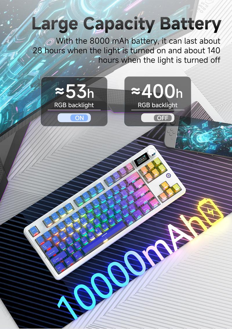 Ajazz MK87 PRO Wireless Gaming Mechanical Keyboard, Wireless/Wired/Bluetooth, ideal for gaming, computing, and office use, gaming setup,compatible with Windows/Mac/PC.