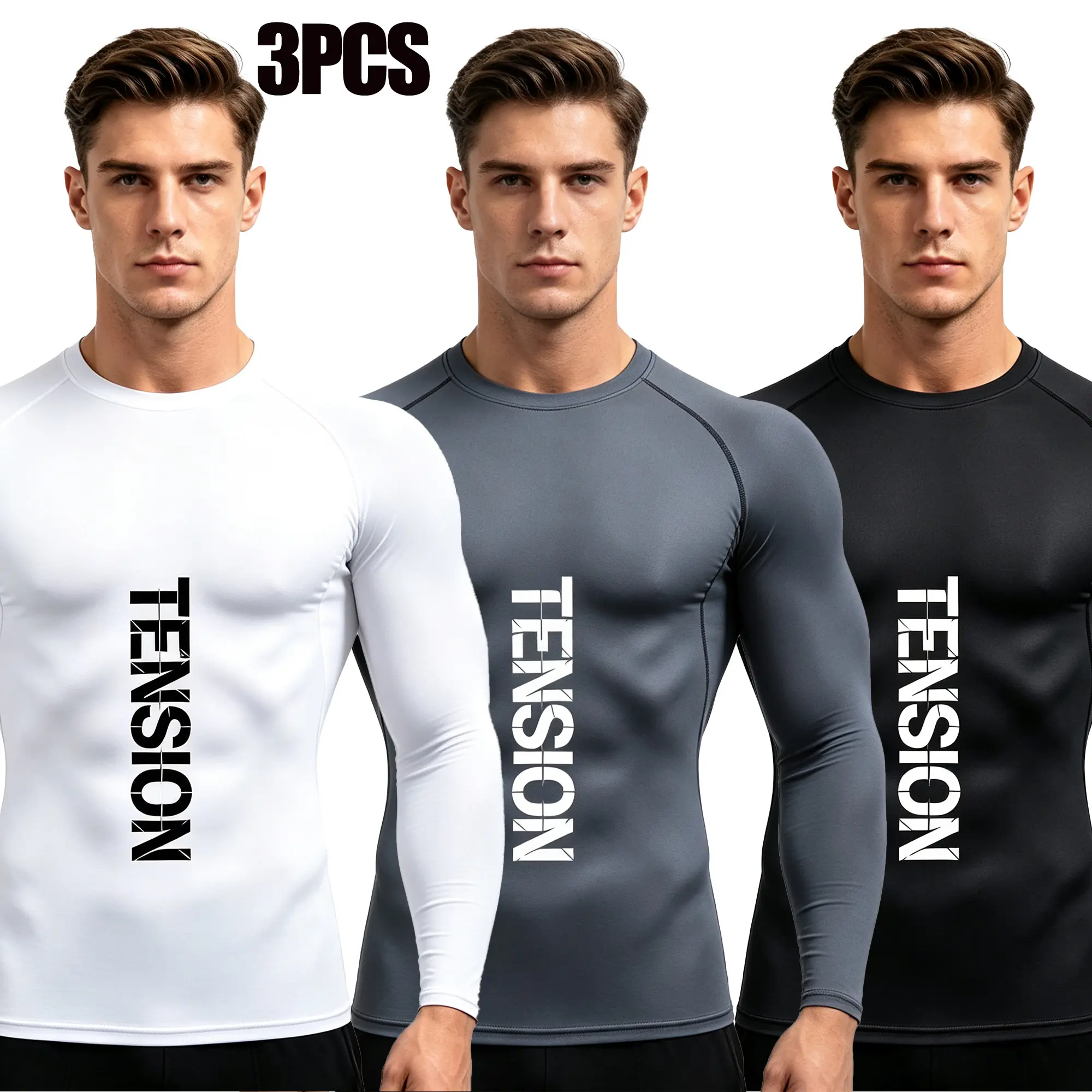 Men’s 3-Pack Long Sleeve Compression Shirts with “TENSION” Graphic – Dry-Fit Athletic Workout Base Layer, Gym/Running Sports Top TikTok Made Me Buy It Motocross T-Shirt T-Shirt Menswear