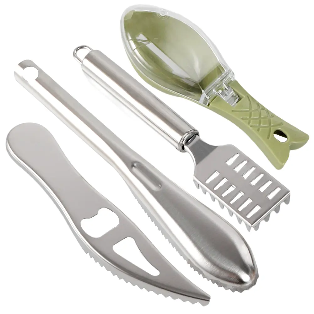 4 pcs Stainless Steel Fish Skin Scraper Grater Fish Tweezers Fish Descaler Tool Multi-functional Kitchen Peeler Scaler with Bottle Opener for Kitchen Fish Scales Removing Peeling