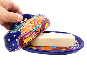 Butter Dish Ceramic Talavera with Lid Hand Painted (Blue)