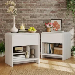 Round Nightstand Set of 2 Modern Curved Corner Bedside Table with Storage Drawer Open Shelf Design Wooden End Side Table Minimalist Accent Furniture for Bedroom Living Room Home Decor