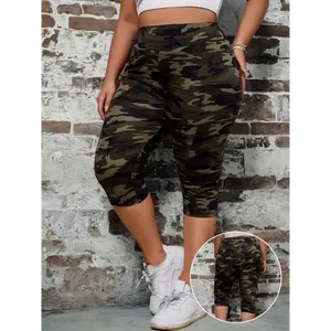 [1pc Camo Print Bermuda Leggings] 1pc Elegant Capri Leggings for Women, Polyester Knit Fabric, Medium Stretch, All-Season Comfort, Plus Size High Waist Casual Pants Womenswear Bottom Army Green Camouflage Chic