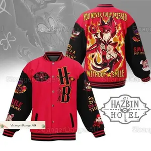 Alastor Hazbin Hotel Varsity Jacket, Gothic Cartoon Graphic Design, Dark Streetwear Style, Trendy Unisex Outfit Gift