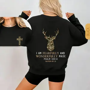 Threadheads Washed Camo Deer I Am Fearfully & Wonderfully Christian Sweatshirt 2 Side Camo Hunting Season Faith Graphic Hoodie Fall Tee God Jesus Design Tee Christian Faith Casual Sweatshirt Hooded Outfiter Gift For Best Friend HusBand Wife