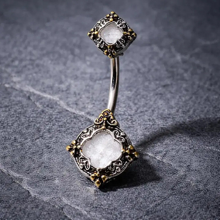 Stainless Steel Ornate Metallic Gem Navel Ring
