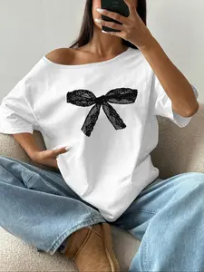 Women's Bow Lace Print Off Shoulder Tee, Casual Appliques Short Sleeve Fitted T-Shirt for Daily Wear, Ladies Clothes for All Seasons, Tops, Apparel
