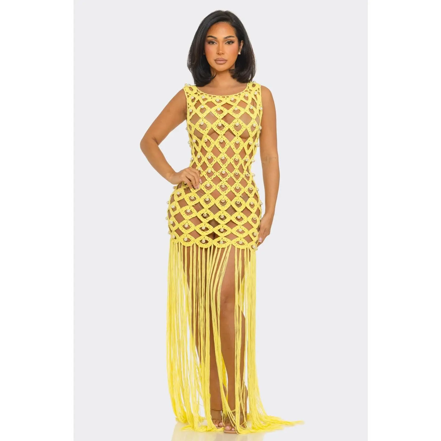 Yellow Macramé Fringe Maxi Dress