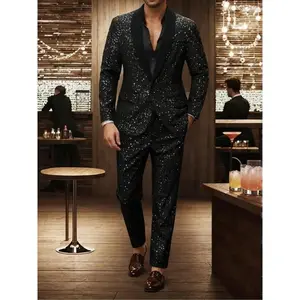 Men's Glitter Suit Set, Slim Fit One Button Blazer & Pants, Two-piece Outfits for Men, Fashion Men's Formal Clothing for Party, Wedding, Stage Performance, Long Sleeve Tuxedo, Blazer Trouser, Longsleeves Menswear, Formal Attire