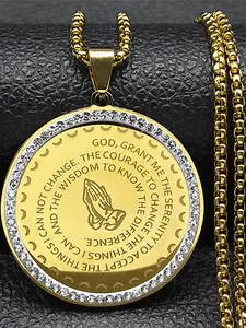 Bible Lords English Serenity Prayer Hand Pendant Necklace, Engraved Necklace, Stainless Steel Blessing Chain Necklace, Fashion Jewelry Accessories for Women & Men