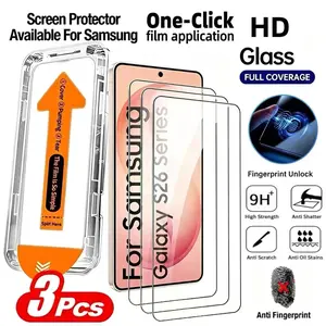 3pcs Ultra HD Screen Protector,For Samsung Galaxy S26 Ultra/S26 Plus/S26/S25 Edge/S25/S24/Ultra/Plus/S22+/S23+/S21+/S20 FE,Full Coverage,One-Click Film Applicator,Anti-scratch,Smooth Edges,Supports Fingerprint Unlocking,Bubble-Free Installation