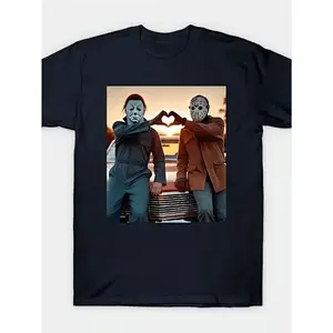 Iconic Michael Myers & Jason Voorhees Heart Hands Horror Movie Friendship Graphic T-Shirt - Unisex Casual Crew Neck, Premium Soft Cotton, Comfortable Short Sleeve All-Season Breathable Tee - Perfect Funny Halloween, Valentine's Day, Birthday, Anniversary