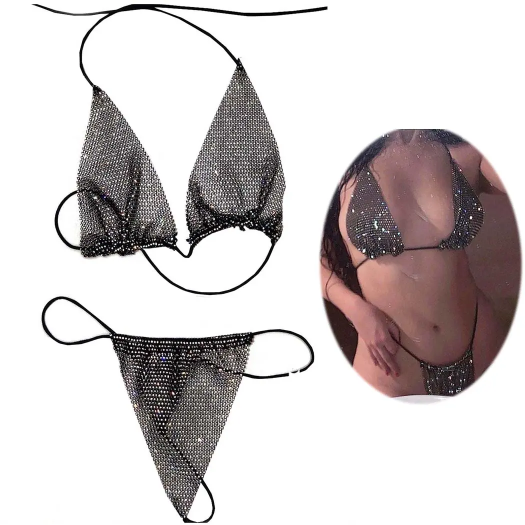 Jemiwa Rhinestones Bikini Sets Sparkly Crystal Sequins Swimwear Sparkle Bra Set Summer Beach Suit Nightclub Party Festival Sexy Body Accessories Jewelry for Women