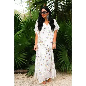 Atlas Sequin Caftan Maxi Dress - White Sangria, 100% Polyester, Casual Maxi Length, Relaxed Fit, Side Slits, Beach Ready