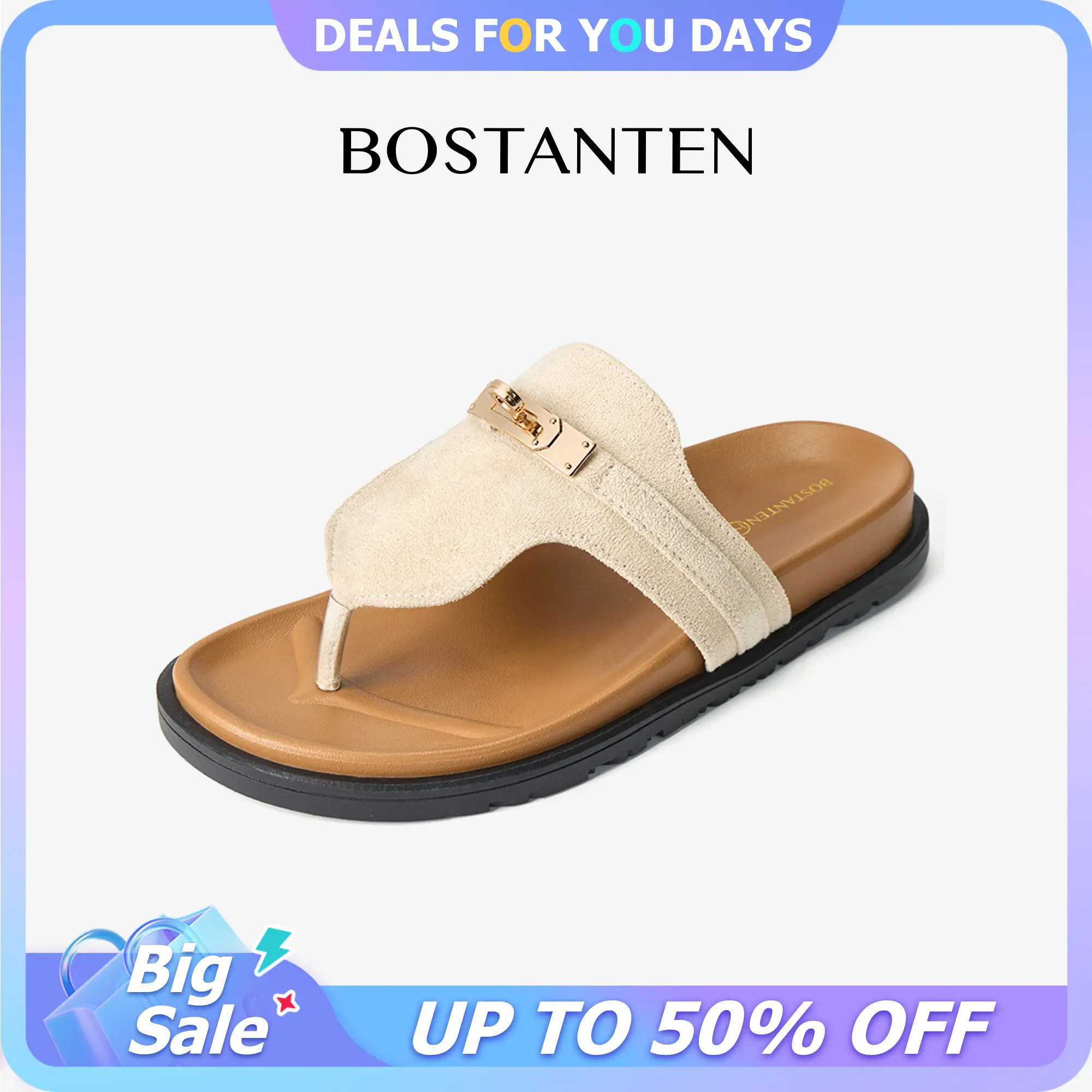 BOSTANTEN Women's Thong Sandals - Sandals Women, Suede Upper Slip-On Shoes with Cushioned Soft Footbed for Casual Walking, Summer Beach Wear, Women's Sandals