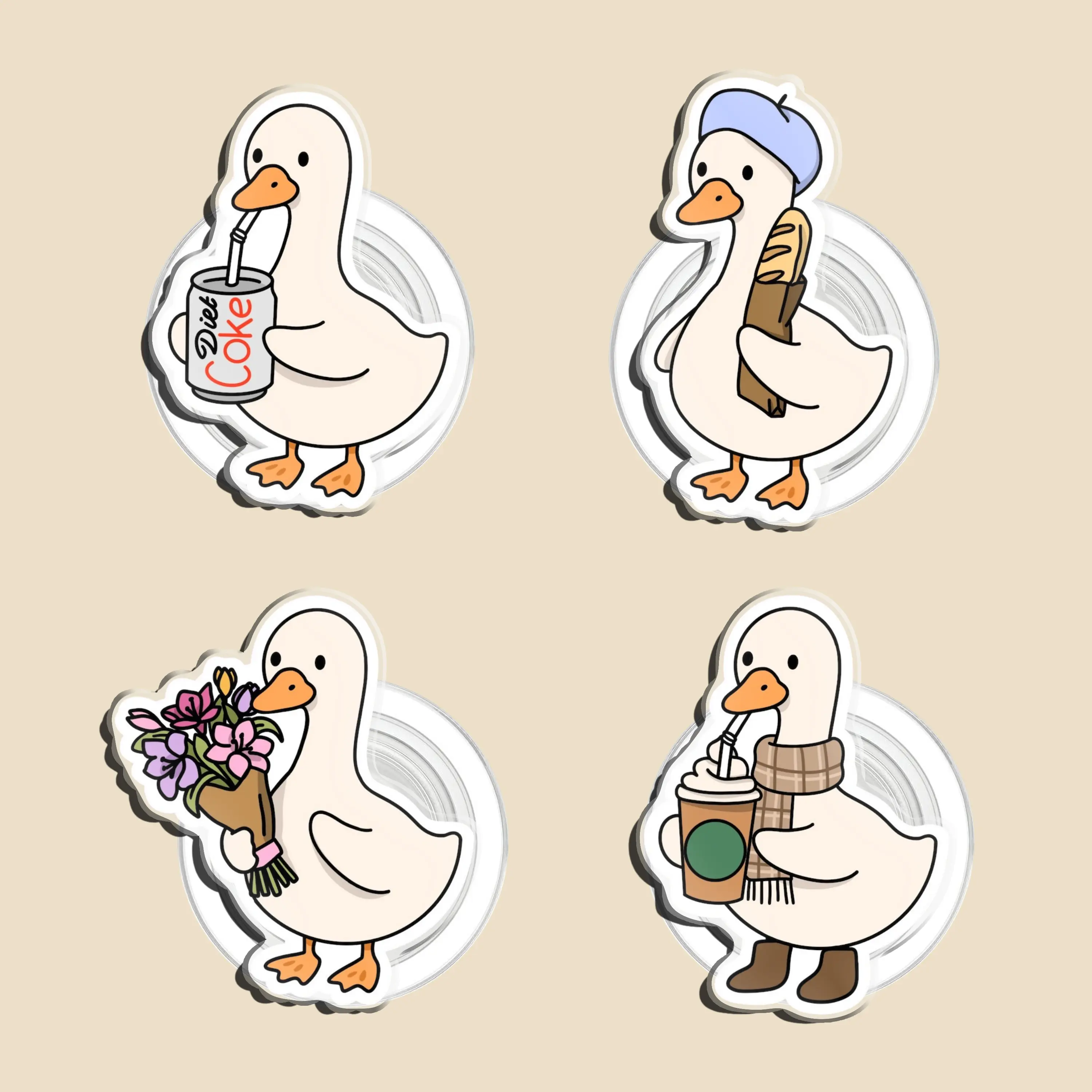 Rainbow Summer Cute Goose Magnetic Pop Socket Kindle Grip Cute Adorable Lovely Goose With Coke Coffee Flower Bread Goose E‑Reader Aesthetic Trendy MagSafe Phone Grip Cute Phone Holder Popsocket