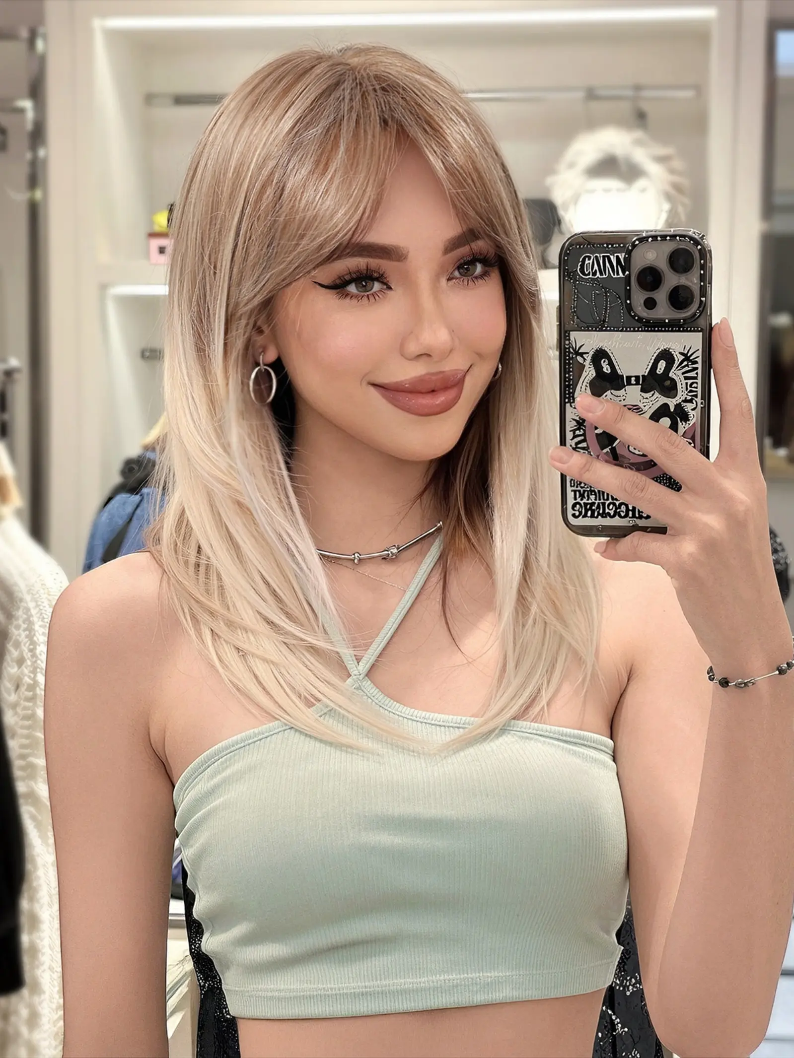 16 Inch Dye-Graduated Wig, Layered Straight Hair, Suitable for Women, Synthetic Fiber, Bangs, Lightweight Comfort, Daily Use, Soft Synthetic Hair