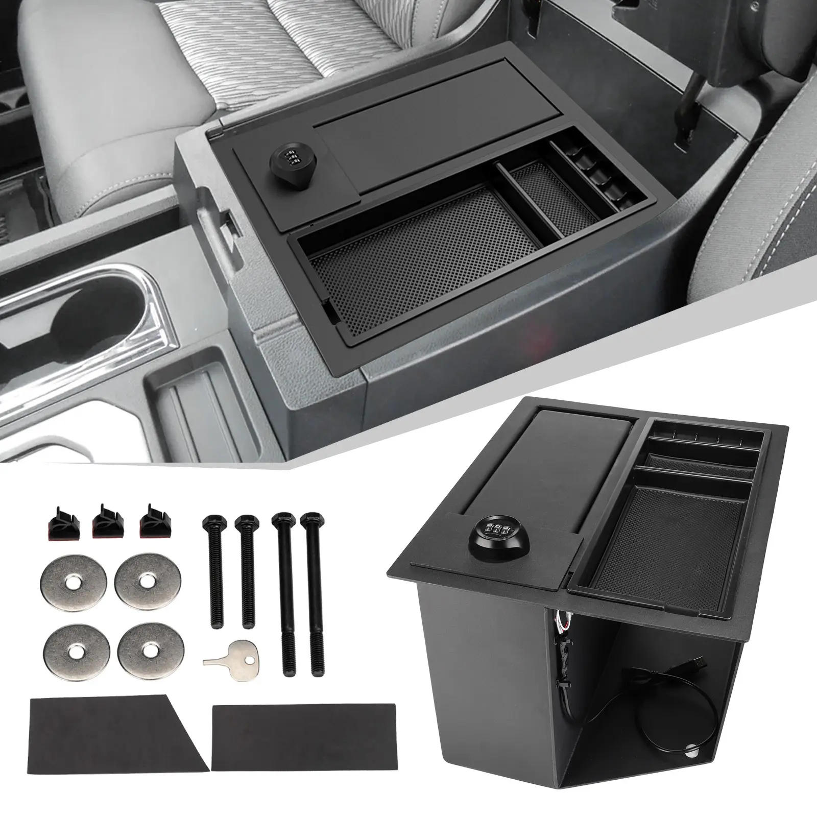 3MIRRORS Center Console Gun Safe Box with LED Light, Coin Tray Mat, Default Steel & New Base Metal Fittings/Accessories Compatible with Toyota Tundra 2014-2021 (Includes Base Metal Articles)