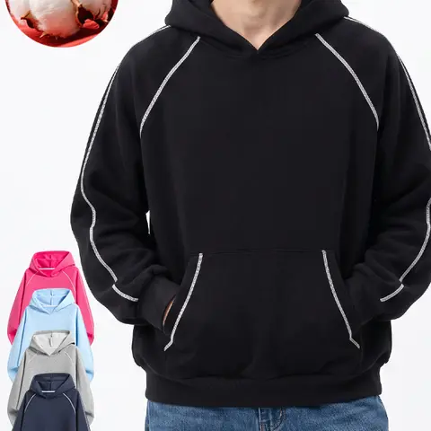 Unisex oversized solid-color pullover hoodie with white contrast stitching, front kangaroo pocket, casual streetwear hoodie, available in multiple colors