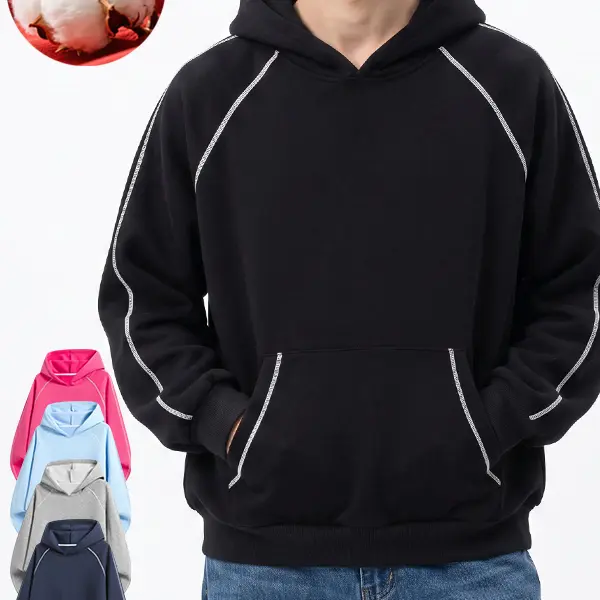 Unisex oversized solid-color pullover hoodie with white contrast stitching, front kangaroo pocket, casual streetwear hoodie, available in multiple colors