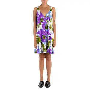 1970S VERA Purple & White Floral Nylon Tricot Jersey Slip Dress Negligee
