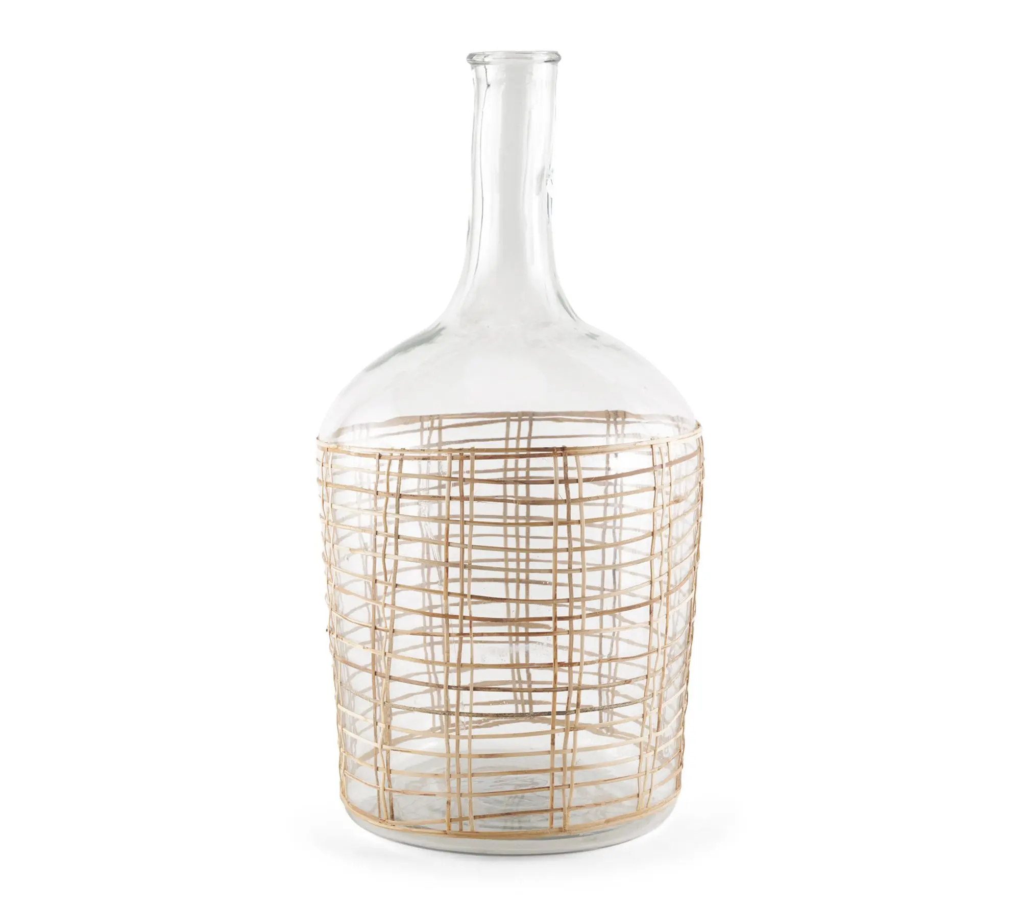 HomeRoots 20" Clear Glass Round Floor Vase w/ Rattan