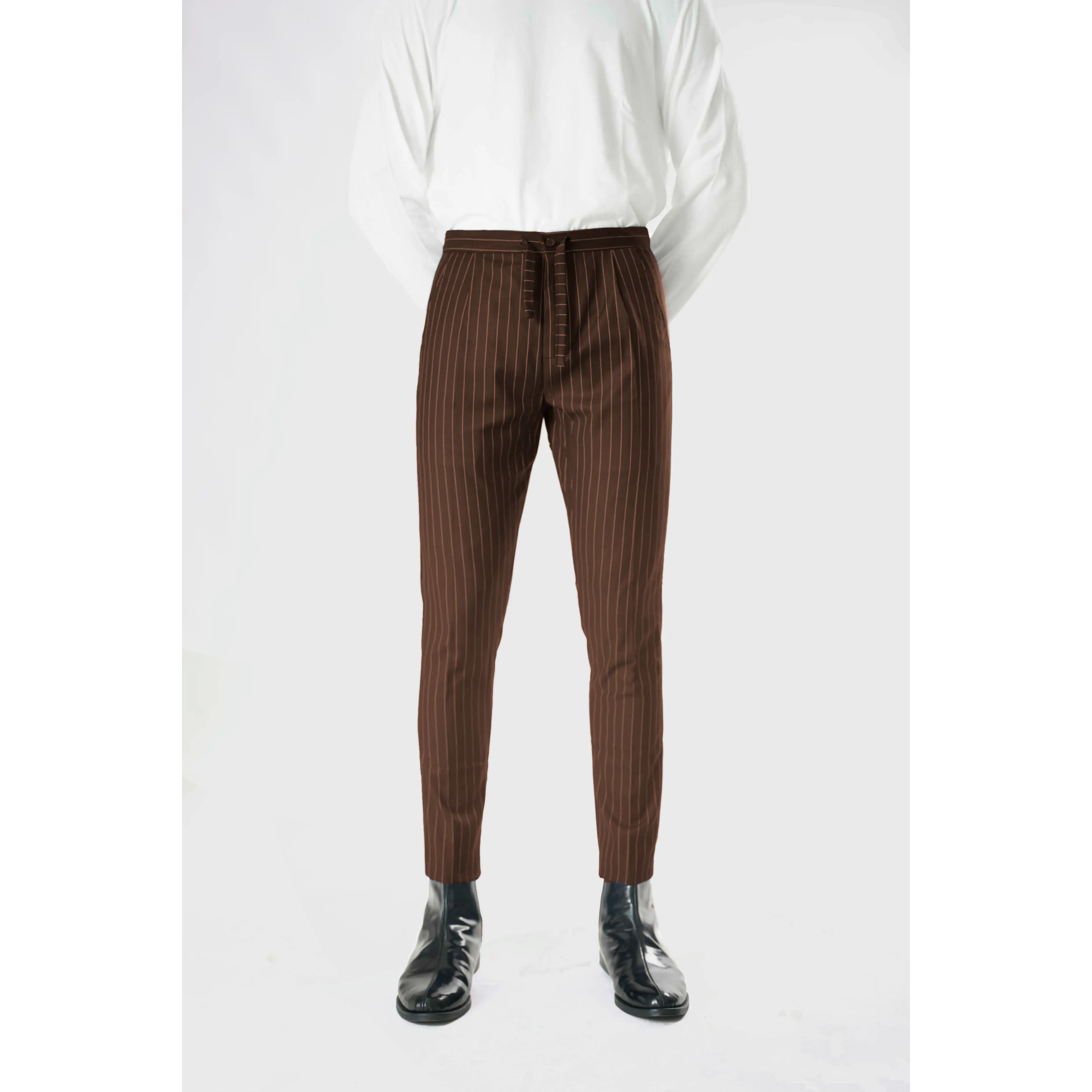 Standard Length Long Sleeve Wool Pants in Coffee Brown Pinstripe