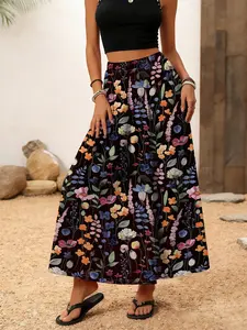 Elegant Women's Long Maxi Skirt, Full Print Digital Print, Floral Pattern, Fitted Natural Waist, Casual Wear for All Seasons, Boho Floral Skirt, Floral Printed Skirt