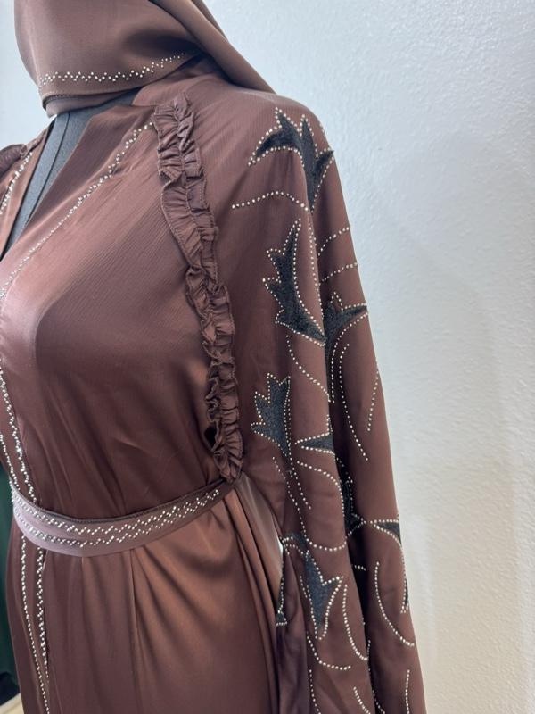 Umbrella Style Dubai Abaya with black Leaf Embellishments