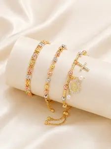 18K Gold-Plated Tri-Color Mariner Bracelet for Women – Floral Engraved Dainty Bracelets Three-Tone Gold Chain Jewelry Gift