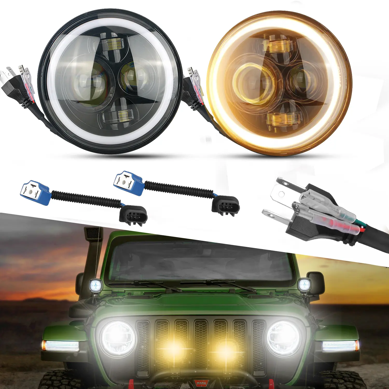 7 Inch LED Headlights for Jeep Wrangler JK TJ LJ CJ 2PCS 6000K Super Bright DRL Halo Angel Eyes Amber Turn Signal Plug & Play H13 Adapter Multi-Mode Lamp Hyper Spot Lights rock faros