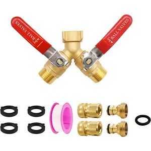 Hose Splitter 2 Way Brass Splitter Full Flow Y Valve Faucet Splitter Connector with Shutoff 3/4 Inch GHT & Quick Connect Hose Fittings