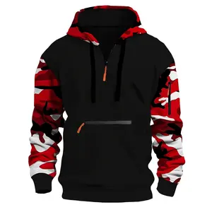[Men's Casual Camouflage Print Hooded Zip Sweatshirt, Long Sleeve Polyester Knit Fabric, Slightly Stretchy, Regular Length, Loose Fit, With Zipper Detail.
