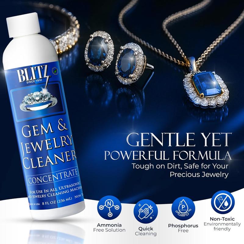 Blitz Gem & Jewelry Cleaner Concentrate 8 Oz Non-Toxic Formula for Gold Silver Diamonds & More Gentle Cleaning Solution Made in the USA