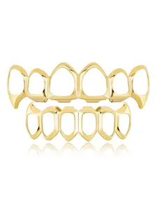 Hip-hop style dental braces with hollow design - complete set of upper and lower false teeth. Personalized accessories for rap singers' stage performances. Halloween-themed funny decoration props.