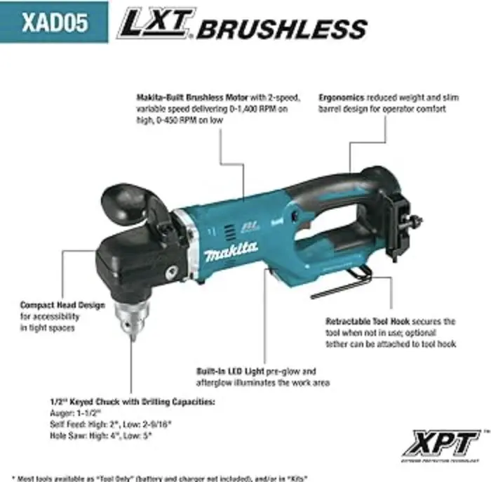 Makita LXT XAD05 18V Lithium Brushless Cordless Right Angle Power Drill - 1/2" Chuck, Rubber Grip, 0-1,400 RPM (Tool Only)