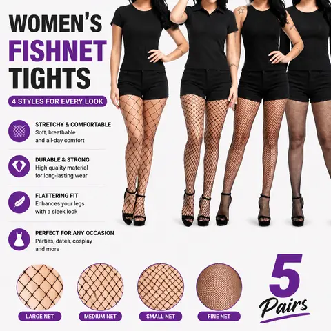Women's Gothic Retro Minimalist Sheer Fishnet Thigh Highs - 5-Pair Netted Stockings Tights, Stretchy Foldable, Snug Breathable Polyester Essential Underwear, Modern Chic High Waisted Tights for Mix & Match (4 Options)