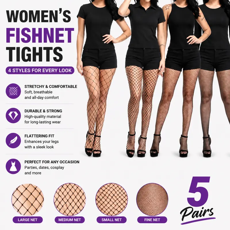 Women's Gothic Retro Minimalist Sheer Fishnet Thigh Highs - 5-Pair Netted Stockings Tights, Stretchy Foldable, Snug Breathable Polyester Essential Underwear, Modern Chic High Waisted Tights for Mix & Match (4 Options)