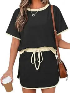 Lounge Sets for Women 2 Piece Skirt Colorblock Drop Shoulder T Shirt and Skort Set Summer Tracksuits 631178