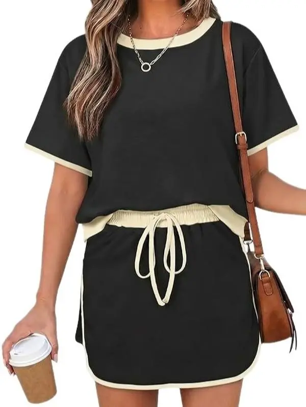 Lounge Sets for Women 2 Piece Skirt Colorblock Drop Shoulder T Shirt and Skort Set Summer Tracksuits 631178,summervibes,summerwins