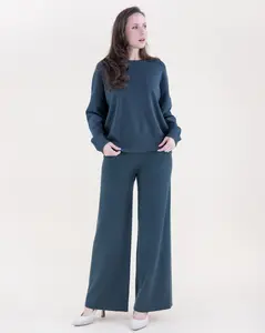 Two-Pieces Set Women's Neutral Comfy Crew Neck Pullover Sweater & Wide Leg Pants
