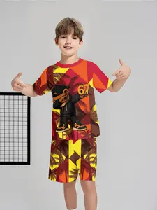 Trendy Monkey No.67 Boys' Two-Piece Outfit, Short Sleeve and Shorts Set, 100% Polyester Casual Loose Suit, Summer Fun Printed Pattern, Outdoor Sports T-Shirt Set, Perfect Gift for Boys